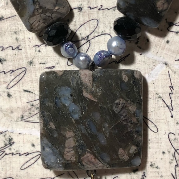 Handmade beaded gemstone, pearl and glass necklace in blues - Picture 4 of 6